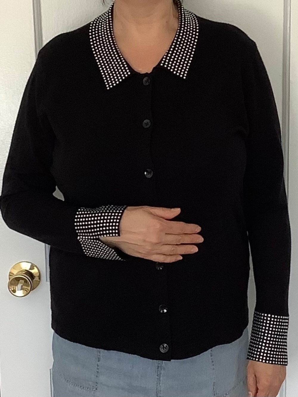 LIV Milano Black button-down cardigan with rhinestone embellishment, XL